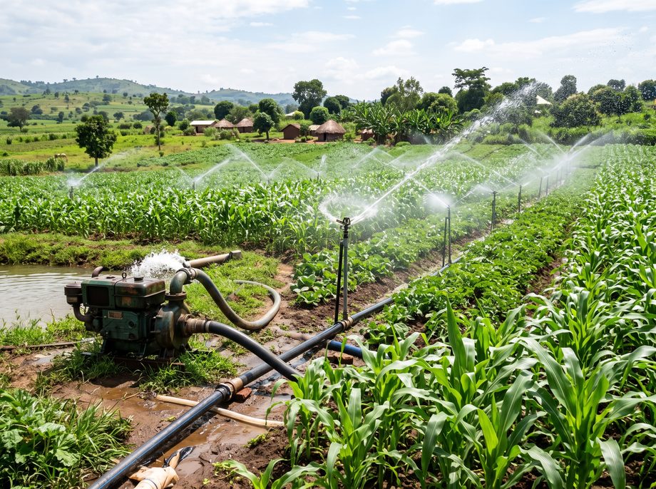 Irrigation sprinklers watering crops