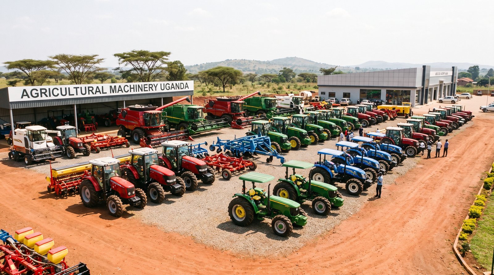 Tractors and farm machinery lined up ready for delivery