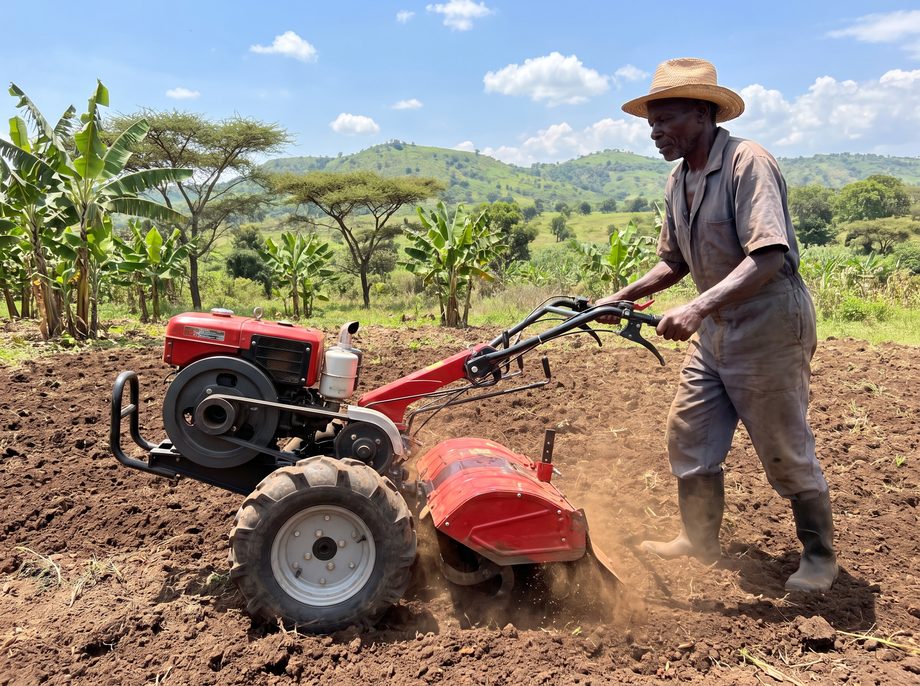A power tiller cultivating soil