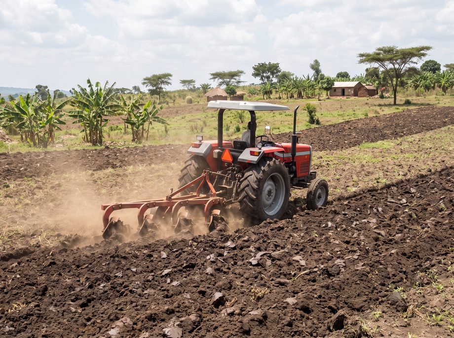 A utility tractor pulling a plough through a field